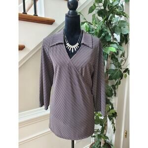 Maria Gabrielle Womens Black & White Polyester V-Neck Long Sleeve Top Blouse 2XL